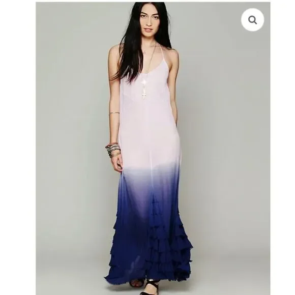 Free People XS Hazy Days Maxi Slip Dress Summer Sexy Purple Boho Ruffle Coquette - Picture 2 of 16